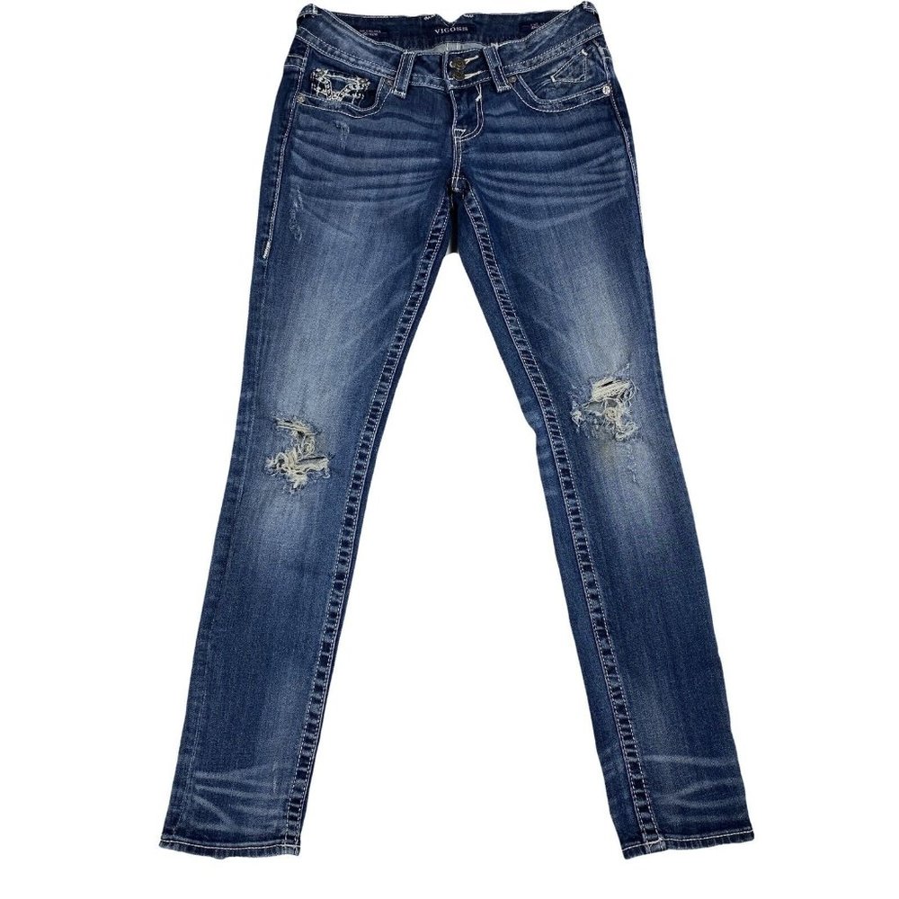 Womens Vigoss Chelsea Boyfriend Jeans Sz 1/2 Destroyed Low Rise Stretch Jeans